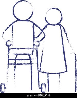 blurred blue contour of pictogram elderly couple with man in assistence walker and woman with stick Stock Vector