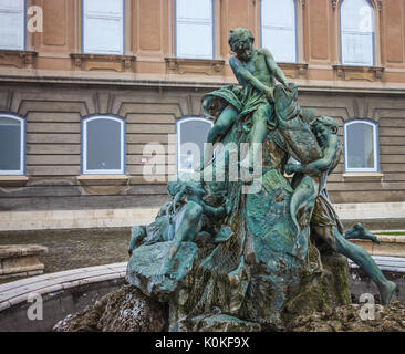 The Fountain of the Fishing Children by Karoly Senyey, 1912, in Buda Castle, Budapest, Hungary Stock Photo