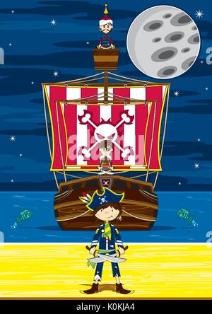 Cute Cartoon Pirate on the Beach with Treasure Chest Illustration Stock Vector