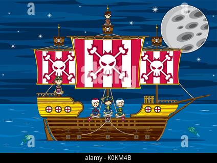 Cartoon Pirates and Pirate Ship Vector Illustration Stock Vector