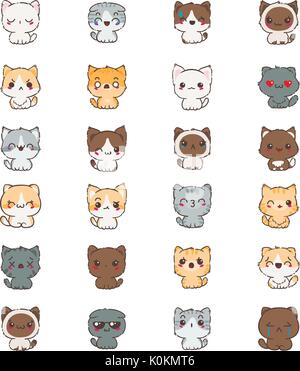 Cute cartoon cats and dogs with different emotions. Sticker collection. Vector set of doodle emoji and emoticons Stock Vector