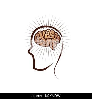 brain with outline of face illustration, symbol design, isolated on white background. Stock Vector