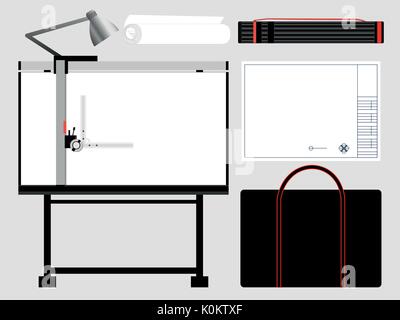 Set of isolated architect tools, drafting table. Vector illustration. Stock Vector