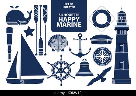 Set of isolated silhouette happy marines in dark blue outline and white plane style. Vector illustration. Stock Vector