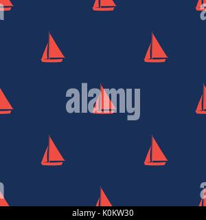 Red sail on dark blue background. Seamless pattern vector illustration. Stock Vector