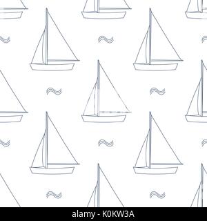 Sails in blue outline and white plane style on white background. Seamless pattern vector illustration. Stock Vector