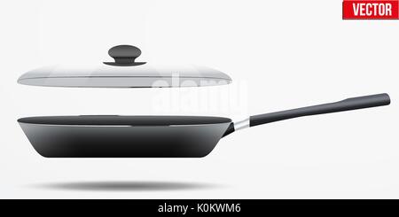 Classic Metal black non-stick frying pan with glass lid and handle. Side view and round shape. Kitchen and domestic symbol. Vector Illustration isolat Stock Vector