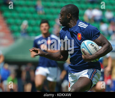 Moscow, Russia - June 29, 2014: Ezekiel Sedjoro of France with the ball in the semifinal plate match with Russia during the FIRA-AER European Grand Pr Stock Photo