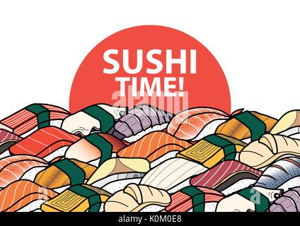 A lot of colorful sushi with red sun and text on white background for poster, cover, paper plate mat or menu. Cute Japanese food illustration hand dra Stock Vector