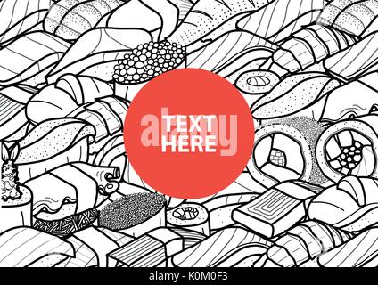 Red circle with text at the center of plenty of sushi and roll in black outline and white plane. Cover, poster or  paper plate mat design. Cute Japane Stock Vector