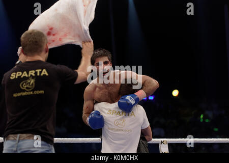 Odessa, Ukraine - July 21, 2012: Boxer Igor Fanian after his fight with Valeriy Brazhnyk. The tournament was organized by the company K2 Promotions Stock Photo