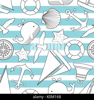 Random happy nautical in black outline and white plane on horizontal pastel blue and white stripe background. Seamless pattern vector illustration. Stock Vector