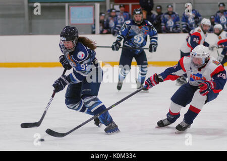 St. Petersburg, Russia - February 17, 2016: Women's ice hockey match Dinamo Saint-Petersburg vs Biryusa Krasnoyarsk. The teams fighting for 3rd place  Stock Photo
