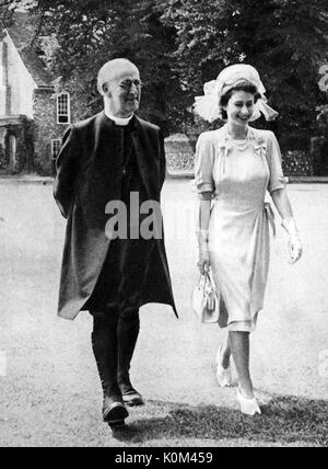 1947 Princess Elizabeth of Britain (later Queen Elizabeth the 2nd of Britain), walking in the precincts of Canterbury Cathedral with  the Archbishop of Canterbury Geoffrey Fisher (Lord Fisher of  Lambeth. Stock Photo