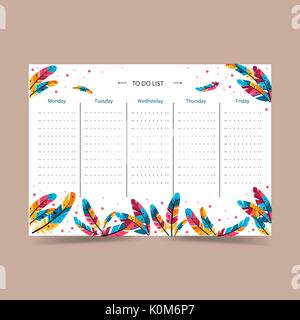 Weekly planner. Multicolored vector schedule. Decorated in the style of a boho. Colored feathers bring good luck Stock Vector