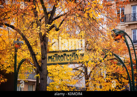 Paris Art nouveau Metropolitain sign in autumn Stock Photo