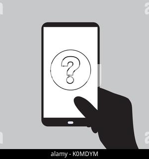 Silhouette of a smartphone in hand. On the screen question mark icon.Vector Stock Vector