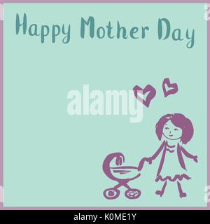 Mom with stroller,happy mothers day, hand drawn vector Stock Vector