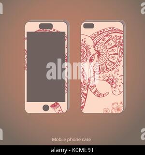 Mobile phone cover back and screen with abstract elephant in Indian style mehndi.Vector hand drawing Stock Vector
