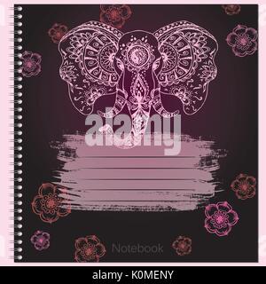 Cover for notebook with abstract elephant in Indian style mehndi, hand drawing, vector illustration Stock Vector