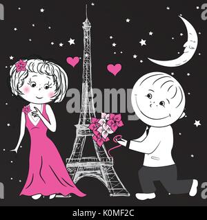 man gives a woman flowers in Paris, vector Stock Vector
