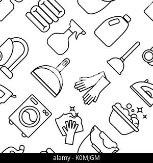 Cleaning, wash line icons. Washing machine, sponge, mop, iron, vacuum cleaner, shovel clining background. Order in the house thin linear backdrop for cleaning. Stock Vector