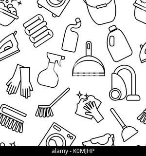 Cleaning, wash line icons. Washing machine, sponge, mop, iron, vacuum cleaner, shovel clining background. Order in the house thin linear backdrop for cleaning. Stock Vector