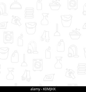 Cleaning, wash line icons. Washing machine, sponge, mop, iron, vacuum cleaner, shovel clining background. Order in the house thin linear backdrop for cleaning. Stock Vector