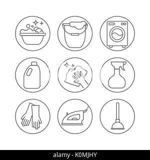 Cleaning, wash line icons. Washing machine, sponge, mop, iron, vacuum cleaner, shovel and other clining icon. Order in the house thin linear signs for cleaning service. Stock Vector