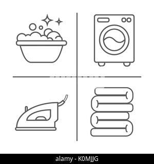 Washing, ironing, clean laundry line icons. Washing machine, iron, handwash and other clining icon. Order in the house linear signs for cleaning service Stock Vector