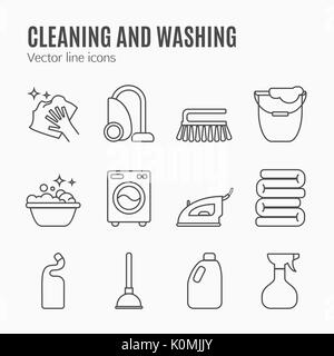 Cleaning, wash line icons. Washing machine, sponge, mop, iron, vacuum cleaner, shovel and other clining icon. Order in the house thin linear signs for cleaning service. Stock Vector