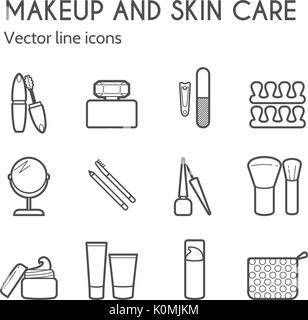Vector cosmetic icons. Mascara, brush, perfume, cream and other make-up items. Makeup thin linear signs for manicure, pedicure and Visage. Stock Vector