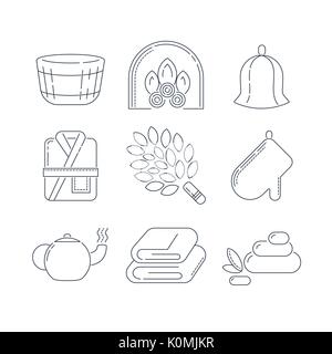 Spa, sauna linear icons. Fireplace, mitt, herbal tea, sauna broom and other accessories for the bath. Health and body care thin line icons. Stock Vector