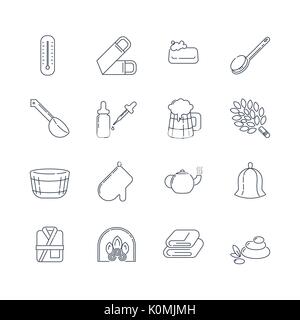 Spa, sauna linear icons. Washcloth, soap, ladle, aromatic oil, beer, broom for a bath and other accessories for spa relaxation. Health and body care thin line icons Stock Vector