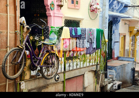Cycle hanging on railing outside house jodhpur rajasthan India Asia ...