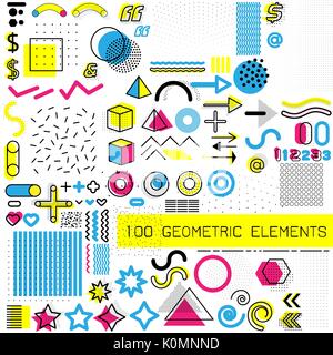 Set of memphis design elements, template for your project, animation, and advertising, advertisement, commercial banner, poster, t-shirt. Collection of geometrical colored vector elements. Stock Vector