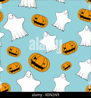 cute ghosts and jack o lanterns seamless pattern Stock Vector