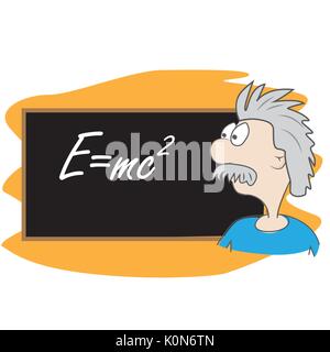 albert einstein vector cartoon illustration. scientist in front of board with his famous formula e=mc2 Stock Vector