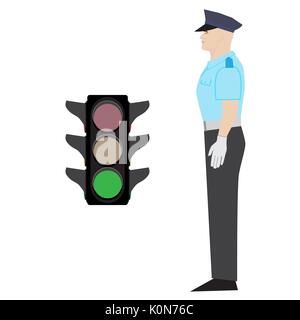 vector policeman showing go gesture. green traffic light Stock Vector