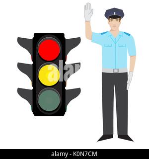 vector policeman showing ready to go gesture. yellow traffic light. Stock Vector