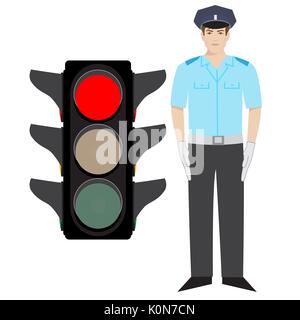 vector policeman showing stop gesture. green traffic light. Stock Vector