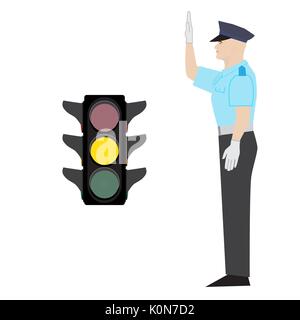 vector policeman showing ready to stop gesture. yellow traffic light. Stock Vector