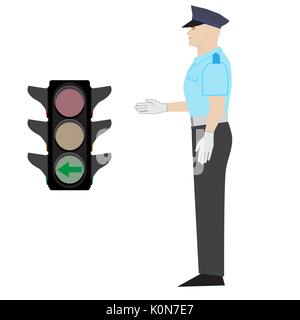 vector policeman showing drive left gesture. green arrow traffic light Stock Vector