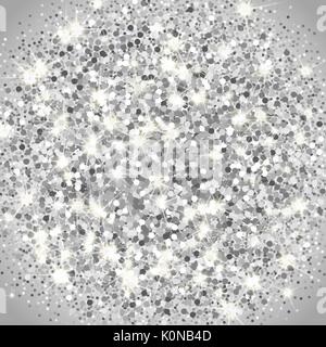 Falling silver particles on a black background. Scattered silver confetti. Rich luxury fashion backdrop. Bright shining glitter. Round dots. Stock Vector