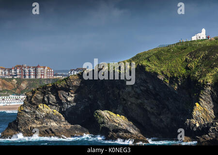 The Huers Hut a well known landmark in a prominent position on top of rugged cliffs in Newquay, Cornwall. Stock Photo