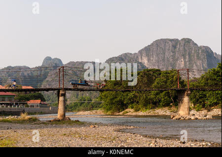 Scenic view of a bridge over Nam Song River, Vang Vieng, Laos. Stock Photo