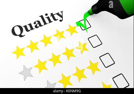 Business quality checklist concept with five stars evaluation feedback of an happy customer 3D illustration. Stock Photo