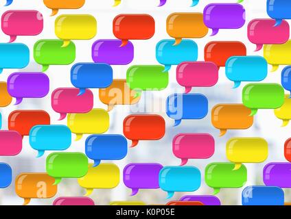 Digital composite of Group of Shiny chat bubbles floating in room Stock Photo