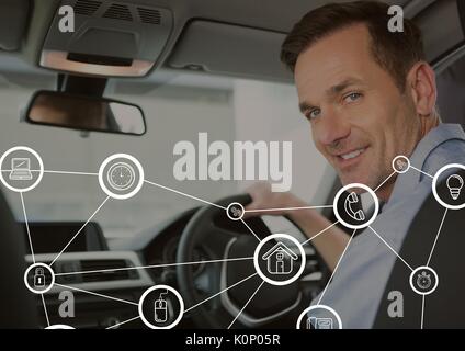 Digital composite of Connection interface against man in the car Stock Photo