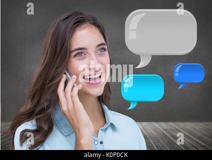 Digital composite of Woman on phone with shiny chat bubbles Stock Photo